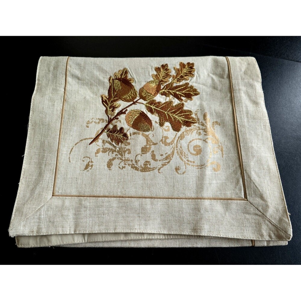Table Runner Beige Tan & Gold Embroidered Acorns w Leaves 72" Long 13" Wide